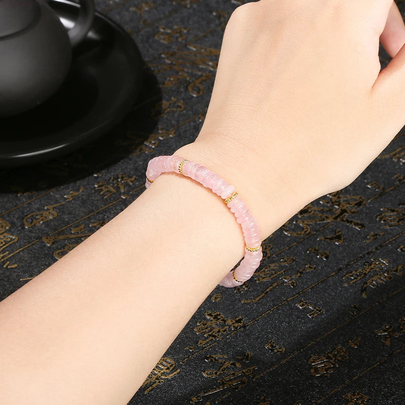 JD Natural Stone Green Aventurine Pink Quartz Flat Spacer Beads Bracelet Women Men Bohe Elastic Bangles Healing Friendship Gift - Madeinsea©