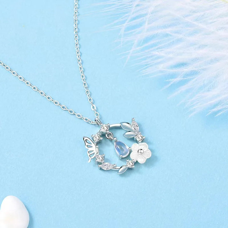 Simple Fashion Pink Zircon Cherry Blossom Pendant Necklace For Women Butterfly Love Collarbone Chain Girls Wedding Jewelry Gifts