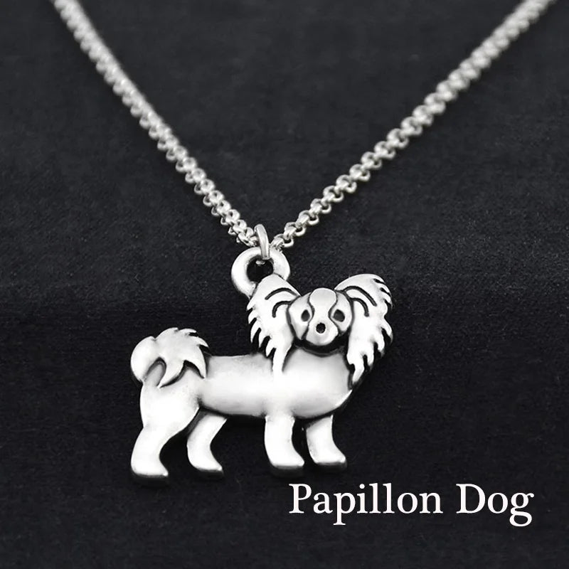 Retro Silver Color Chow Chow&Papillon Pendant Necklace Women Stainless Steel Long Chains Pekingese Dog Necklaces For Men Jewelry