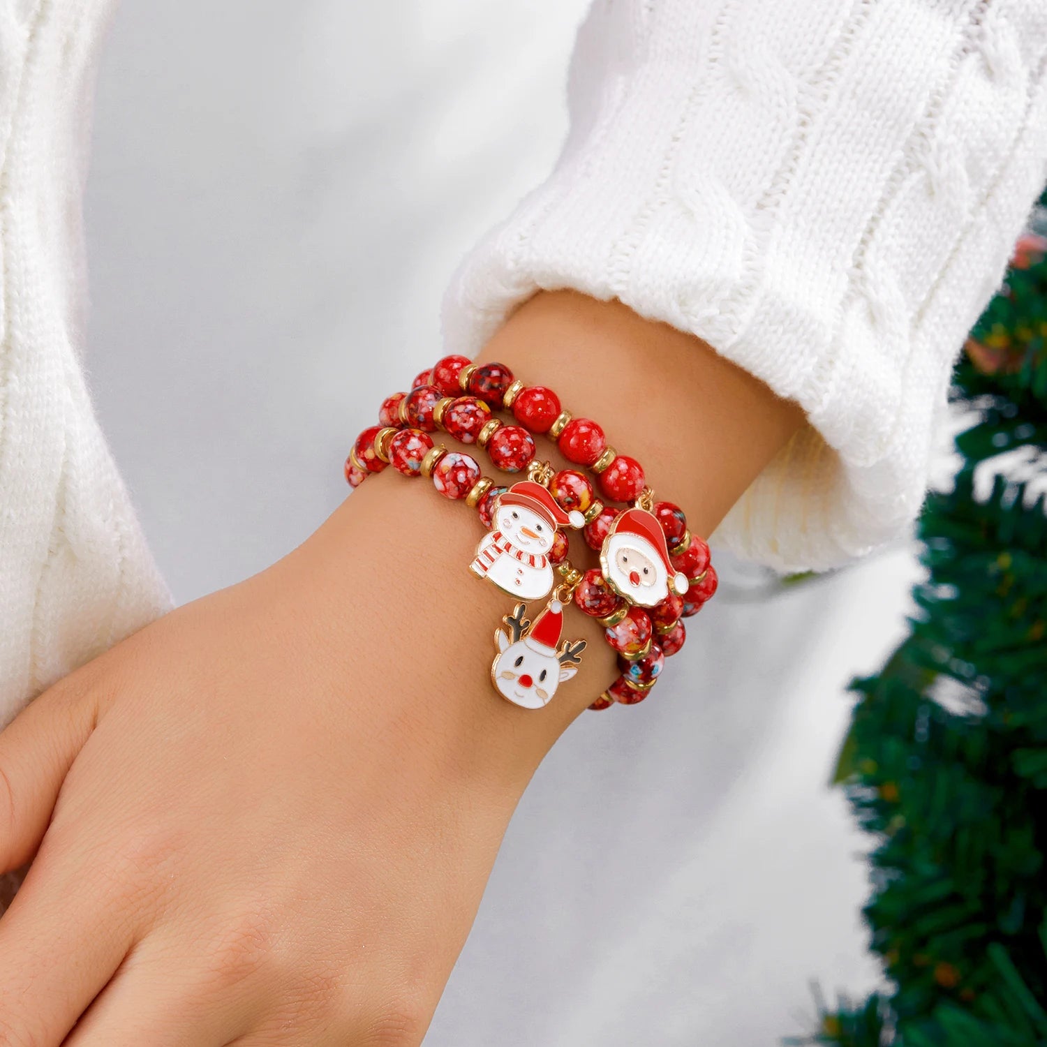 3Pcs/Set Colorful Beads Christmas Bracelet For Women Xmas Tree Snowman Santa Claus Snowflake Beaded Bracelet New Year Jewelry