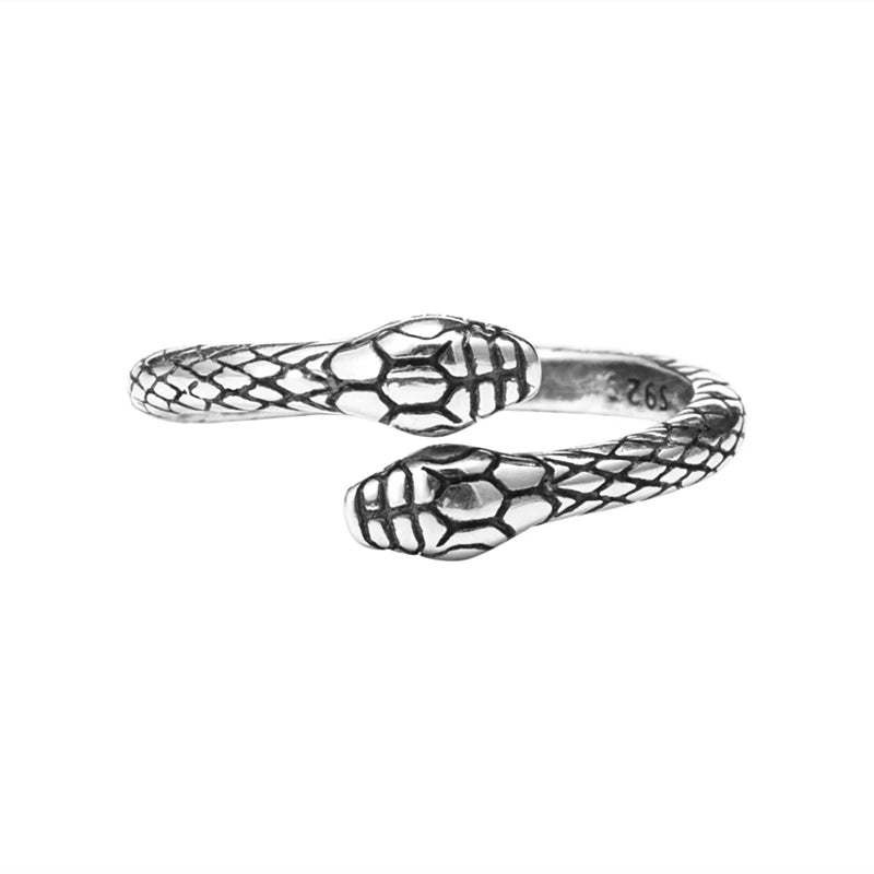 MKENDN Retro Punk Real 925 Sterling Silver Double Head Snake Ring Fashion Personality Stereoscopic Opening Adjustable Jewelry