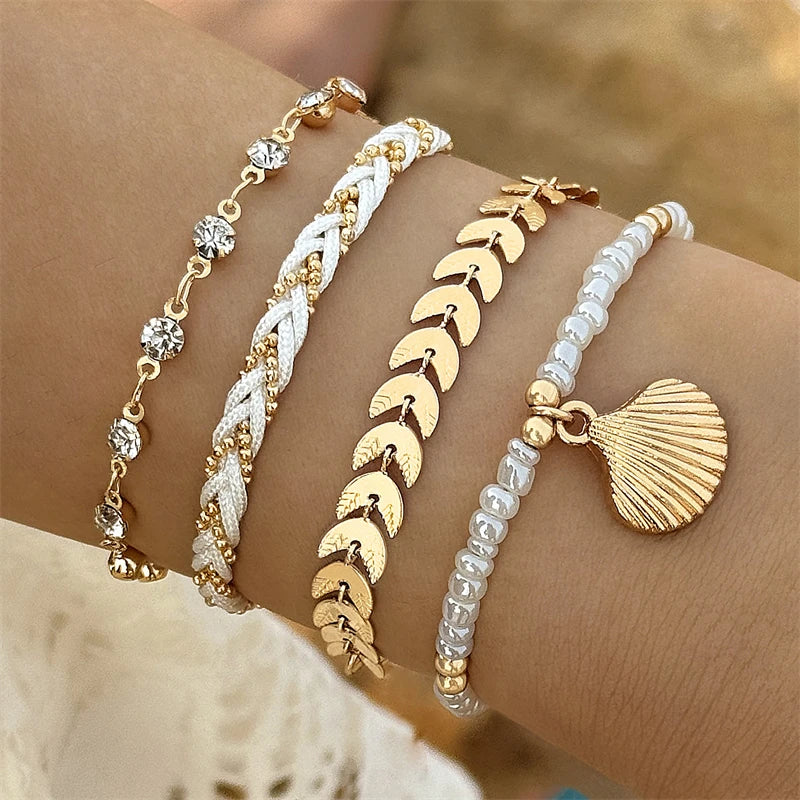 4pcs/set Bohemia Shell Bracelets for Women Ethnic Style Colorful Zircon Rice Beads Metal Chain Bangles Girl Summer Beach Jewelry