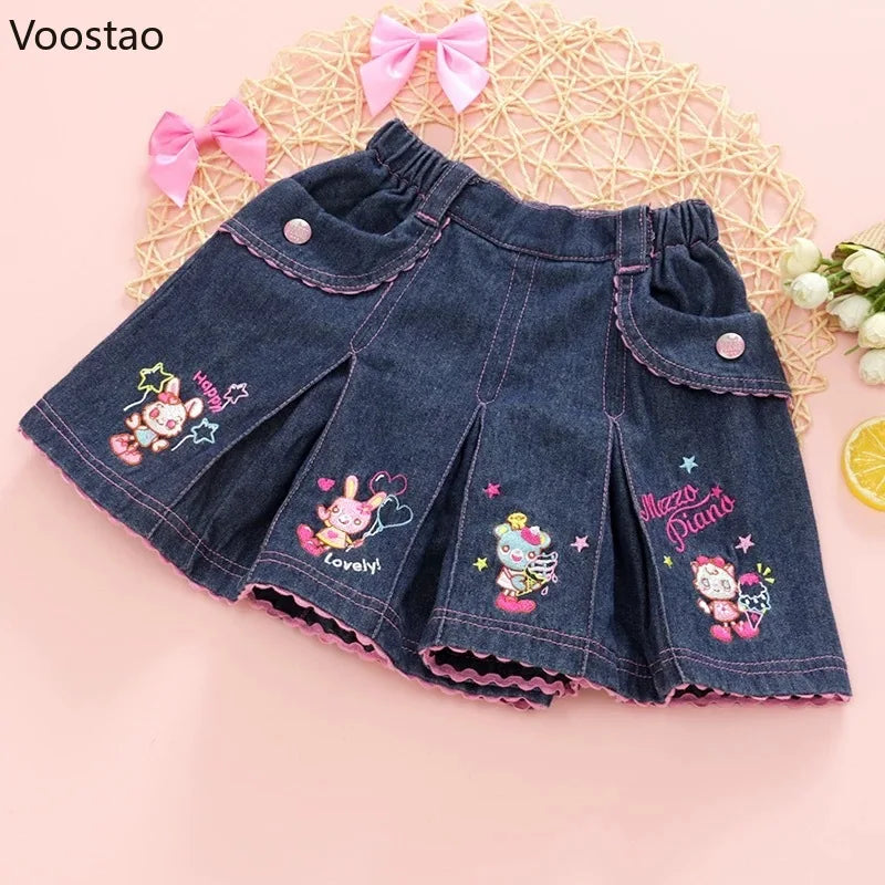 Japanese Kawaii Lolita Style Denim Skirt Women Sweet Cartoon Bunny Embroidery Mini Skirts Y2k Aesthetic Cute Party Short Skirt