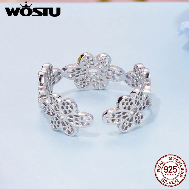 WOSTU 925 Sterling Silver Vintage Flower Opening Ring , Women Hollow Lace Flowers Adjustable Party Rings Statement Jewelry Gift