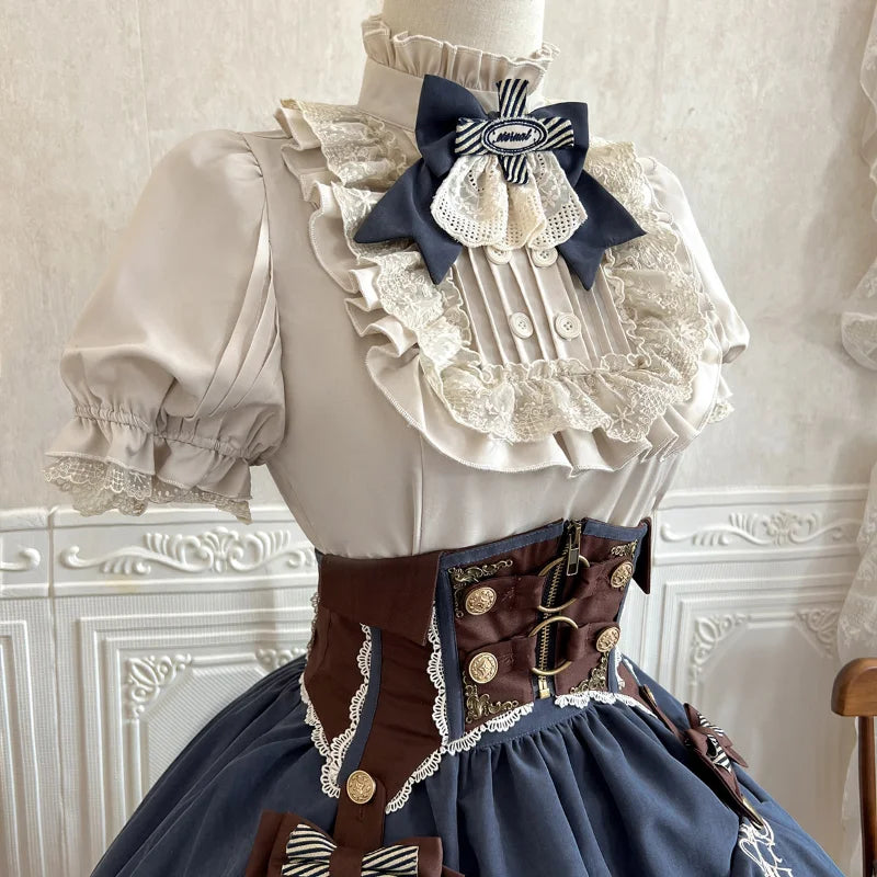 Vintage Gothic Lolita Dress Set Women Sweet Princess Puff Sleeve Shirt Girdle Y2k Skirt 3 Piece Set Punk Halloween Party Outfits