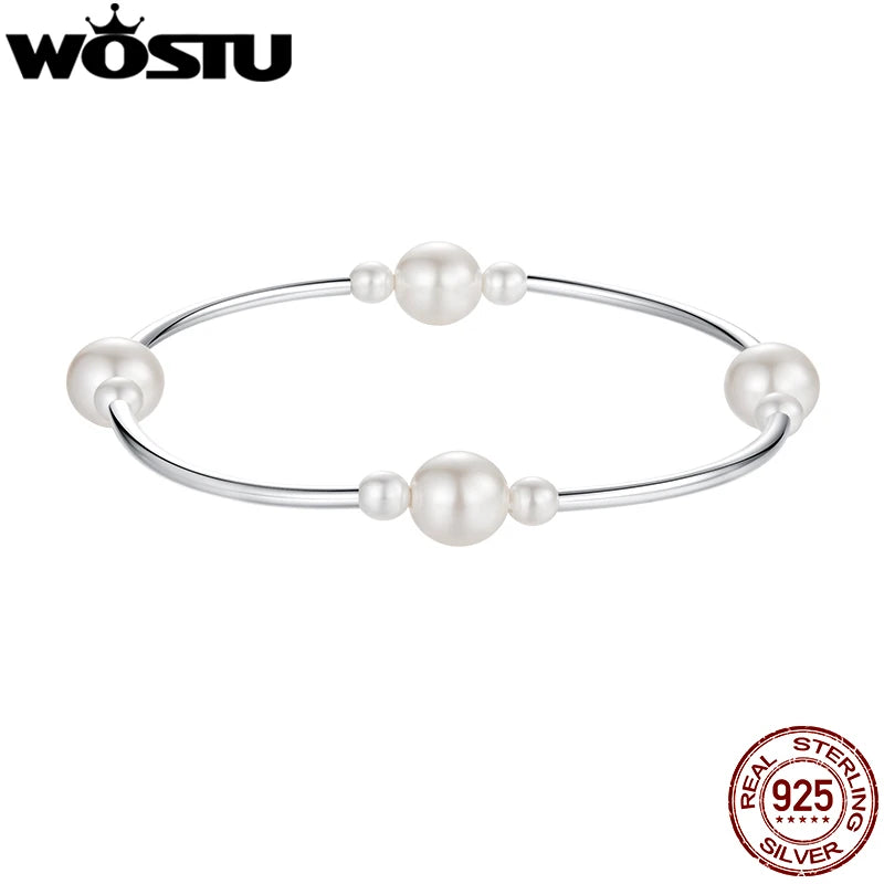 WOSTU 925 Sterling Silver Pearl Bracelet For Women Wedding Jewelry Accessories Stretchable Bangle Bracelets Mom's Gif 2025 New