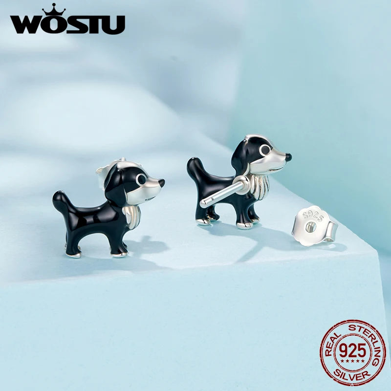 WOSTU Real 925 Sterling Silver Cute Black Border Collie Dog Open Ring for Girl, Original Animal Earrings Family Pet themed Gift