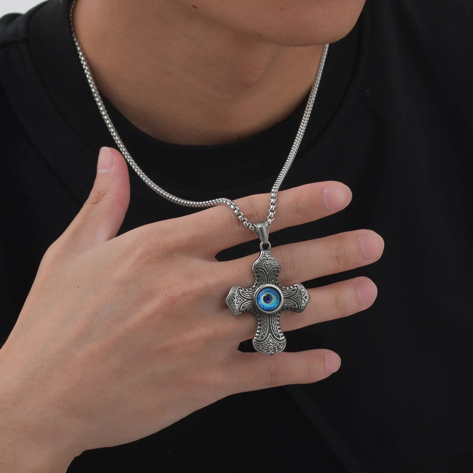 Vnox Vintage Turkish Evil Eye Centered Cross Necklaces for Men Boys, Punk Ethnic Tribal Textured Cross Pendant Collar