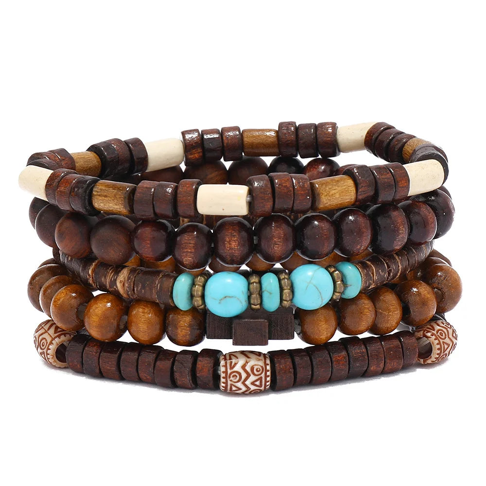 Wholesale Best-selling Multi-layer Buddha Bead Beaded Bracelets Men's Retro Style Multi-layer Elastic Thread Adjustable Wooden