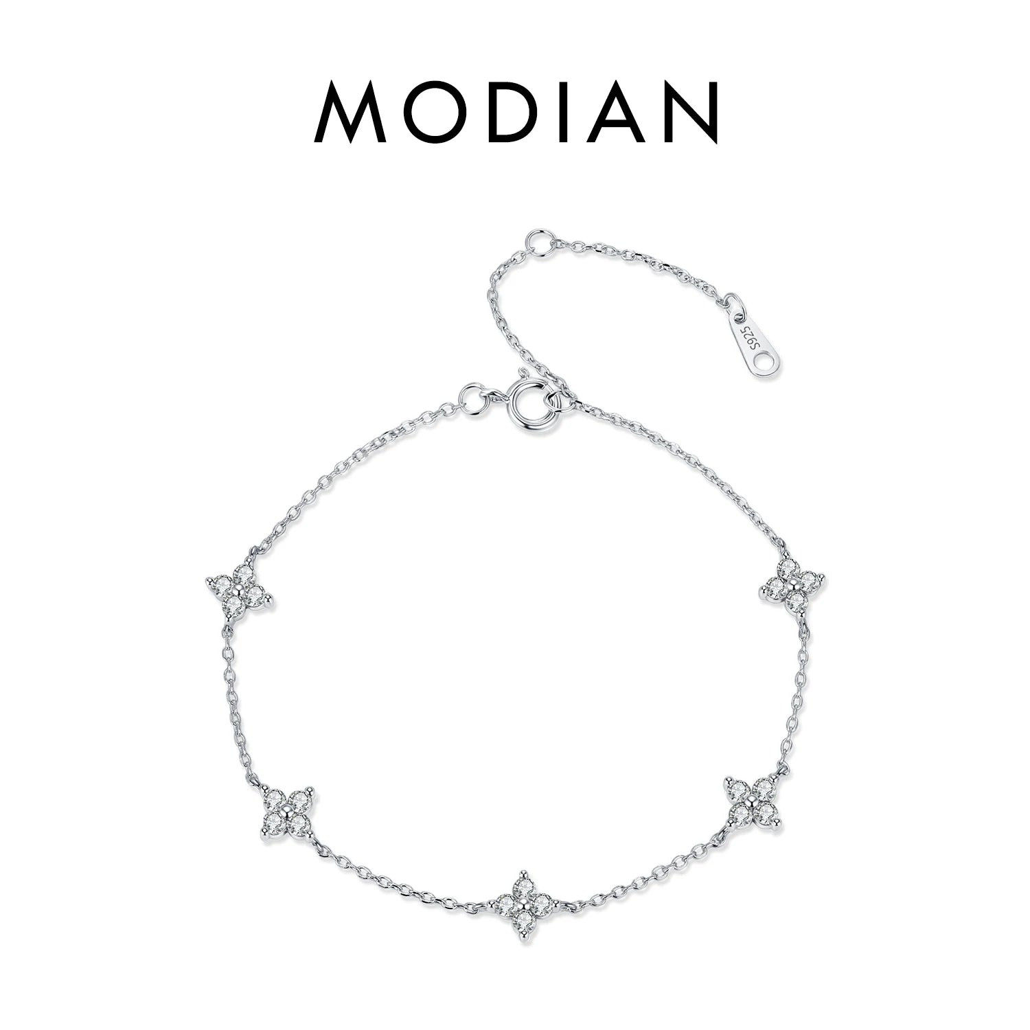 MODIAN 925 Sterling Silver Trendy Exquisite Four-Leaf Clover Clear CZ Charms Bracelet For Women Fine Jewelry Accessories