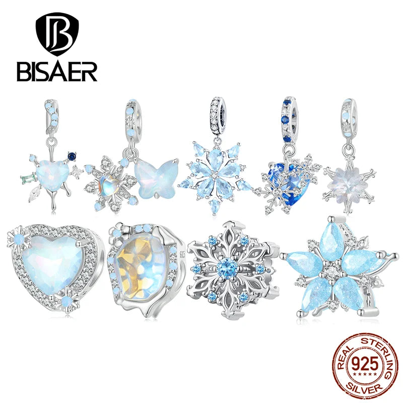 BISAER 925 Sterling Silver Kingdom Snowflake Charm Bead Ice Flower Pendant Plaqué Platine Fit Femmes DIY Bracelet Fine Jewelry