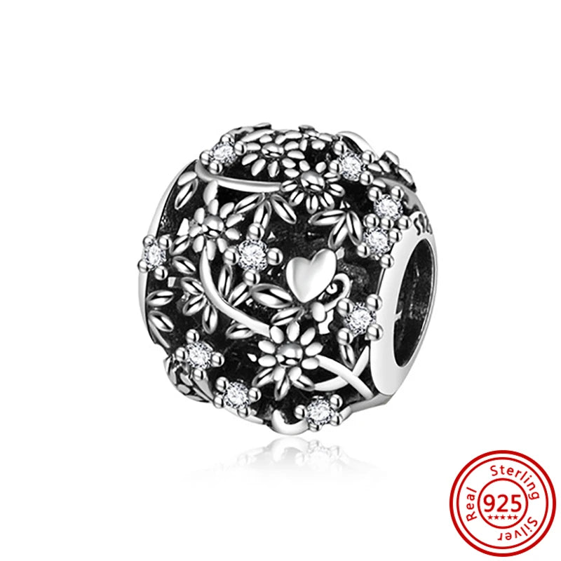 Authentic 100% 925 Sterling Silver Fit Original Pantaro Charms Bracelet Heart Round Style Simple Beads Women DIY Jewelry Making