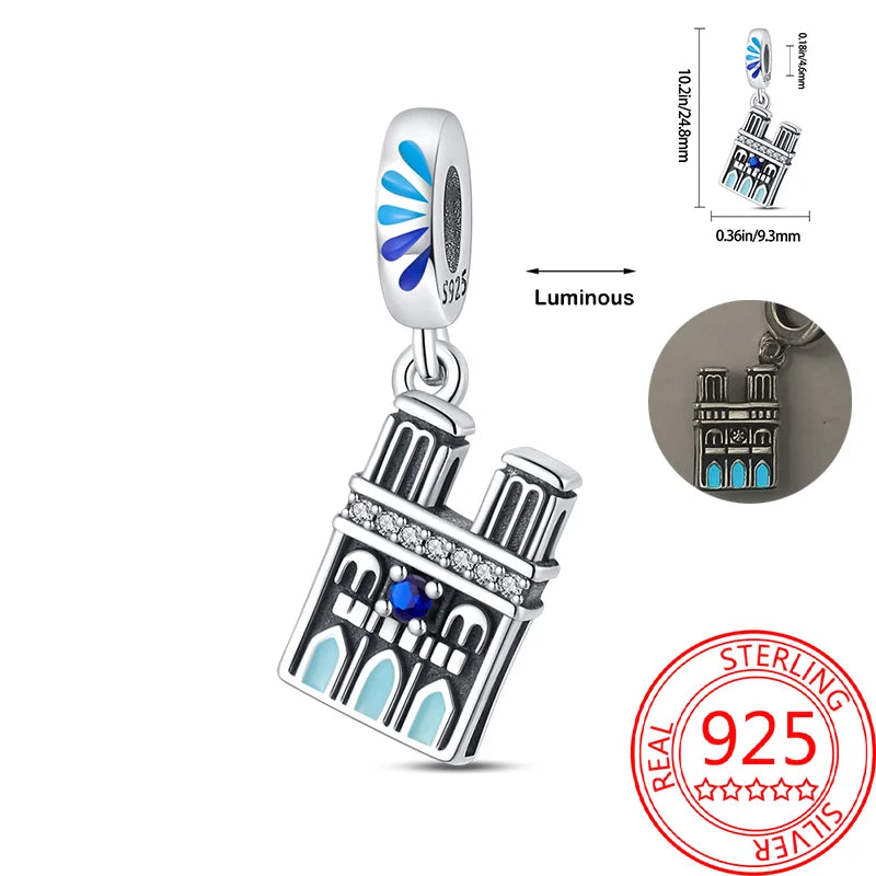 Creative 925 Sterling Silver Eiffel Tower Gold Heart Double Charm Fit DlY Bracelet Necklaces Women's Dating Jewelry Accessories