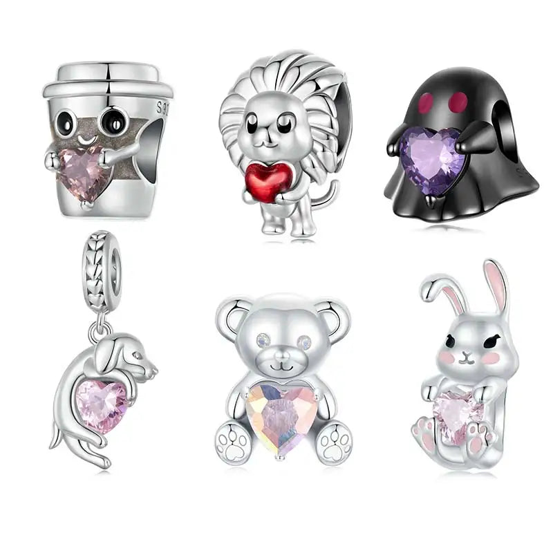 WOSTU S925 Sterling Silver Coffee Cup Bead Lion Bear Charm With Heart Zircon
