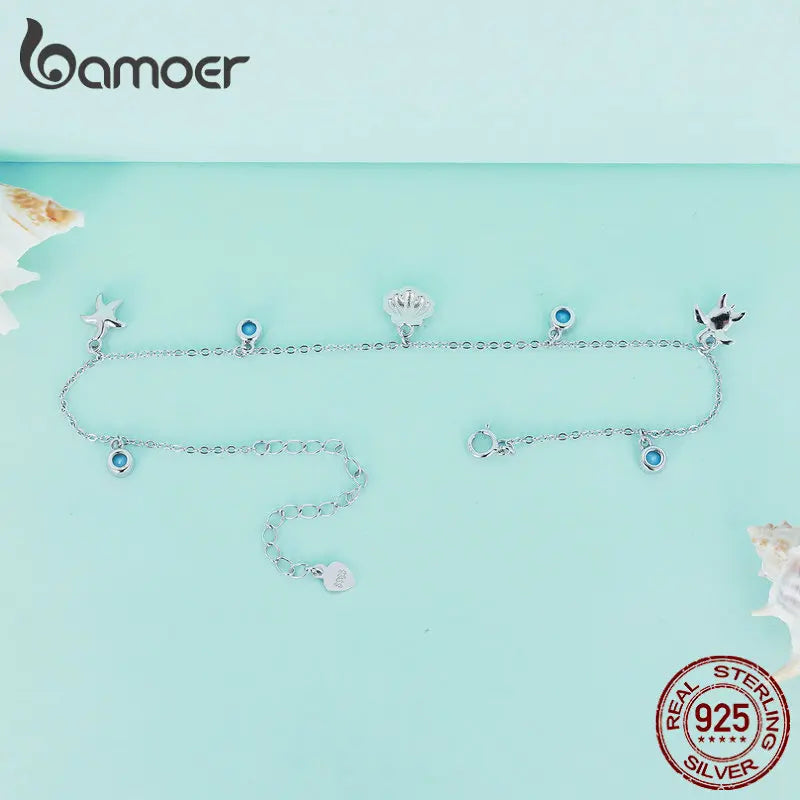 Bamoer Fußkettchen aus 925er Sterlingsilber mit Seestern- und Muschelanhänger, schlichte Kette, Fußschmuck für Frauen, platinbeschichtet, Sommerschmuck