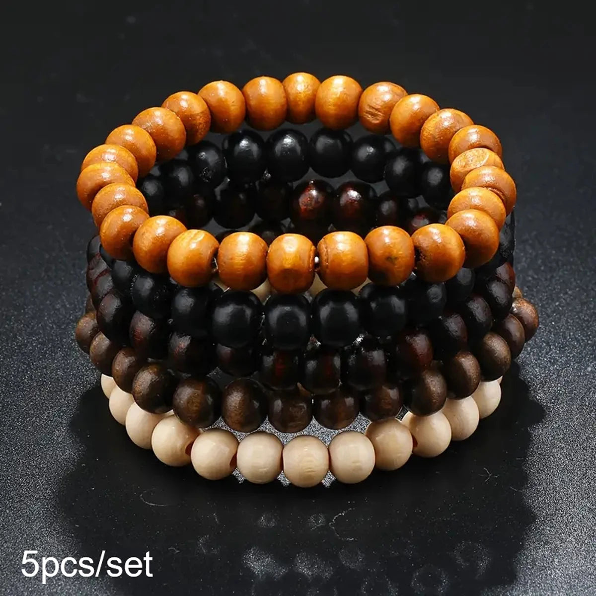 5 Pcs/Set Retro Multi -Color Wooden Beads Multi -Layer Men And Couple Bracelets