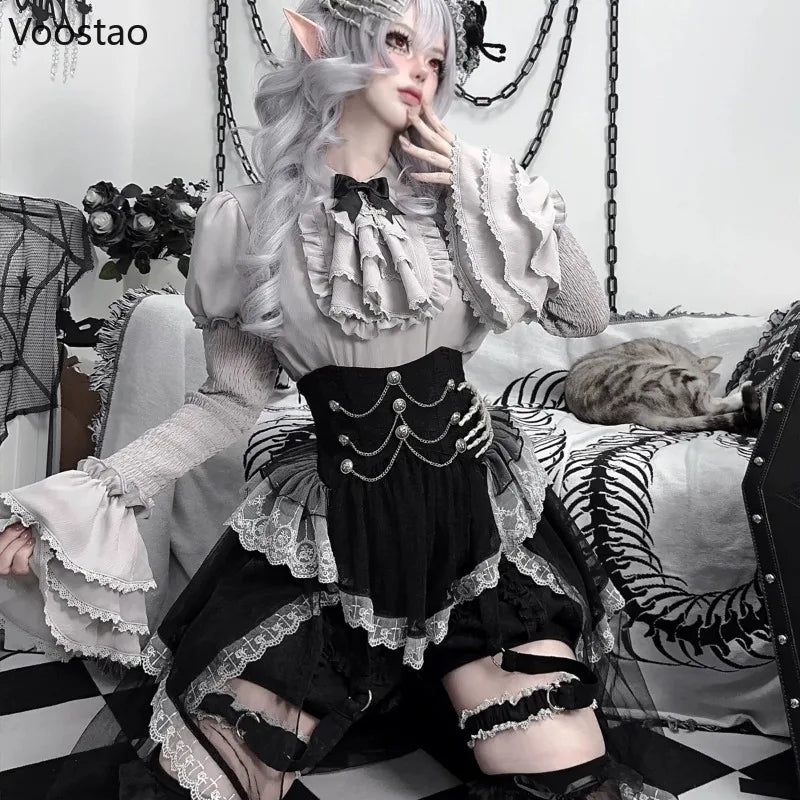 Victorian Vintage Gothic Lolita Dress Set Women Punk Y2k Long Sleeve Shirt Lace Ruffle Black Skirt Halloween Cosplay Party Dress