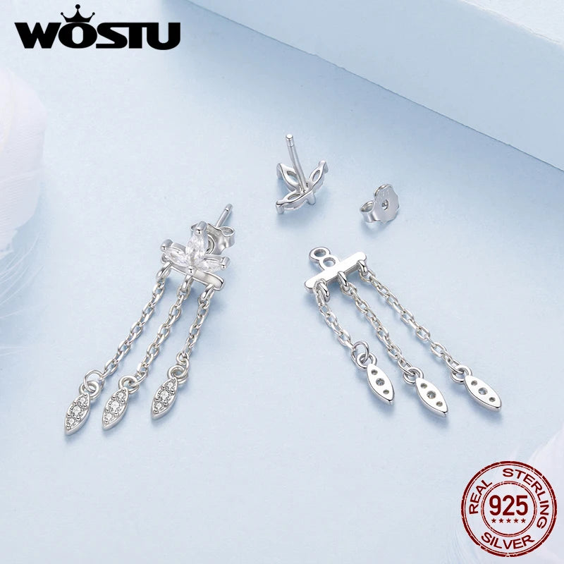 WOSTU 925 Silver Long Drop Chain Tassel Earrings with Clear Zircon, Hypoallergenic Front Back Earrings Women Wedding Party Gift