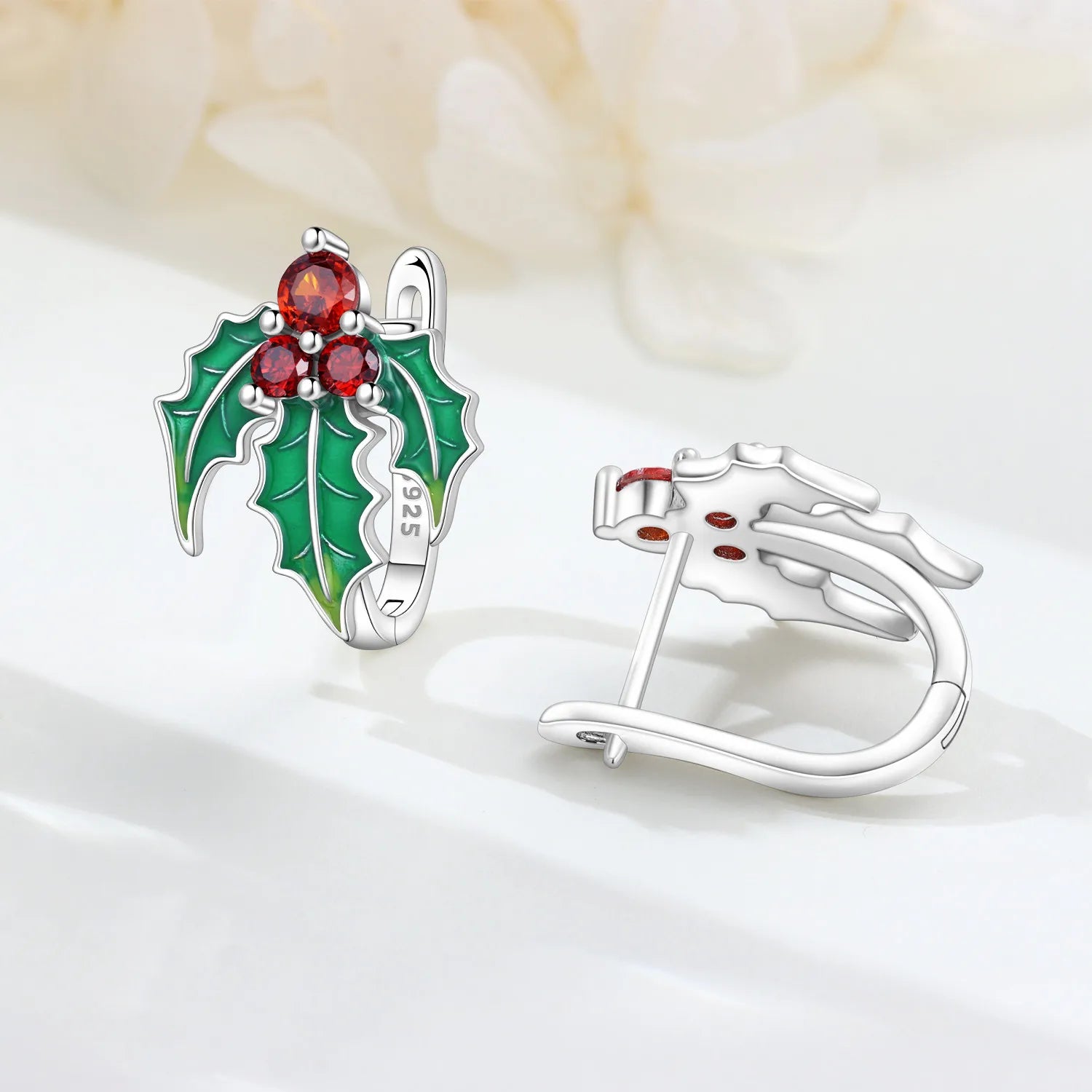 PANPOKI 925 Sterling Silver Green Christmas Holly Earrings Silver Hoop Earrings For Women Jewelry Original Party Gifts