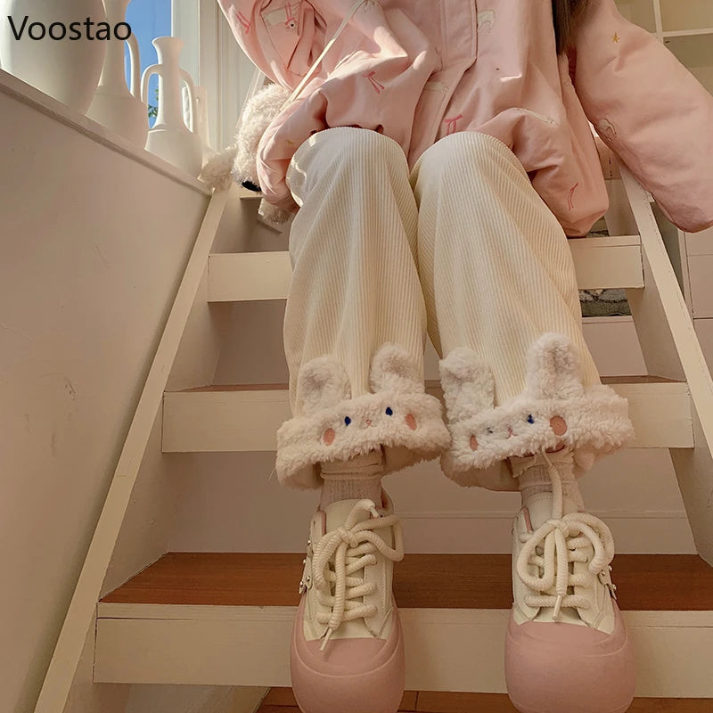 Autumn Winter Japanese Sweet Lolita Kawaii High Waist Corduroy Pants Warm Wide Leg Pants Y2k Cartoon Casual Loose Cute Trousers