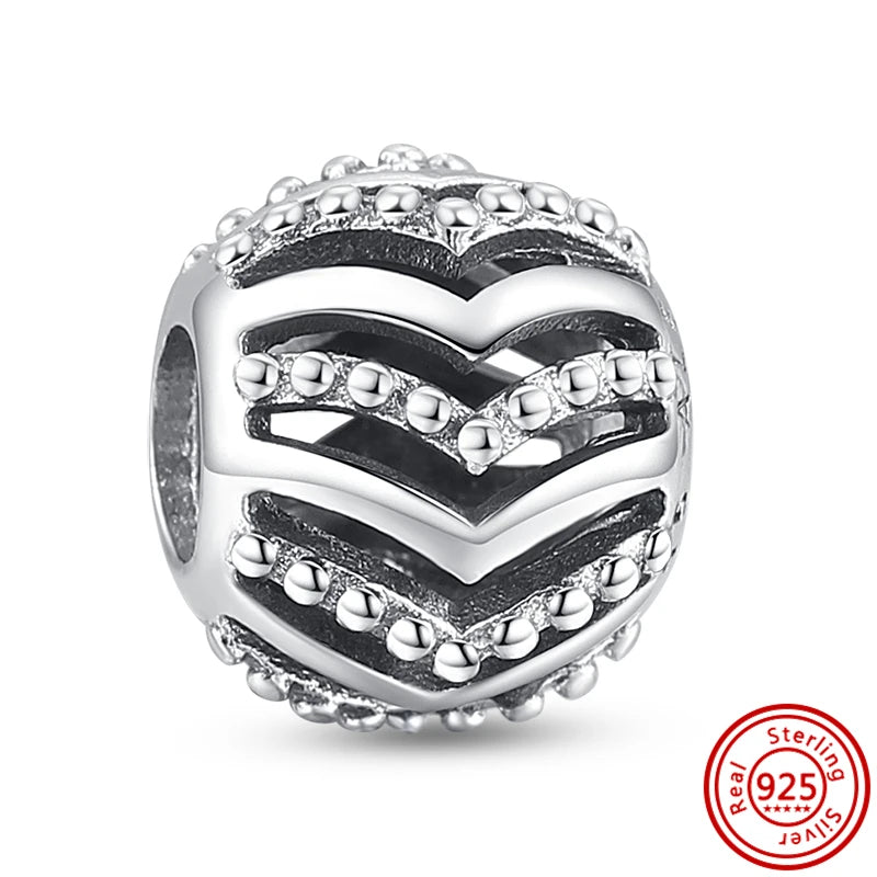 Authentic 100% 925 Sterling Silver Fit Original Pantaro Charms Bracelet Heart Round Style Simple Beads Women DIY Jewelry Making