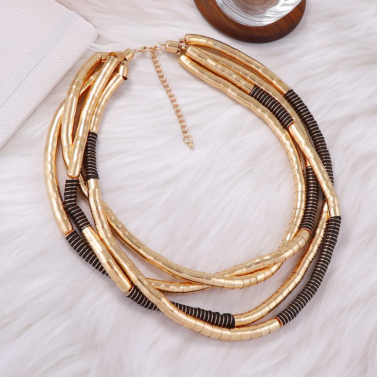 ZAA Personalized Retro Multi-layer Metal Bead Black Wood Necklace