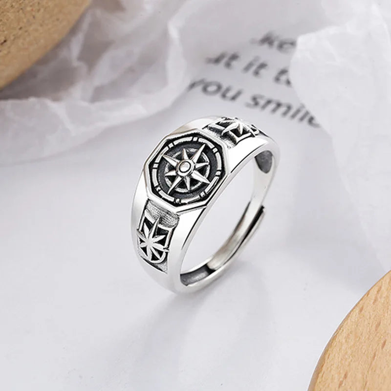 Retro Poseidon Compass Ring Silver-Plated Hexagram Opening Adjustable Ring Men and Women Hip-Hop Trend Jewelry Gift