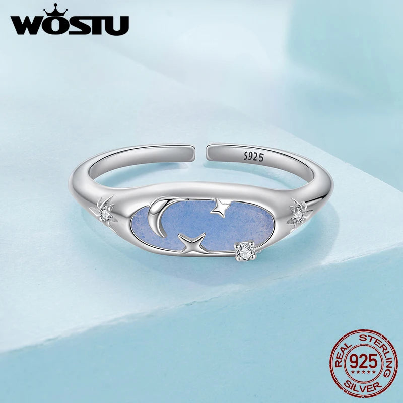 WOSTU 925 Sterling Silver Luminous Ring, Glow in The Dark Moon Star Ring for Women, Star Moon Minimalist Astronogy Lover Gift
