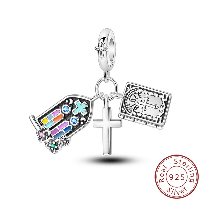 100% 925 Sterling Silver Charms Beads Bible Zircon Cross Jesus Both Hands Pray Fit 925 Original Bracelets Fine DIY Party Jewelry