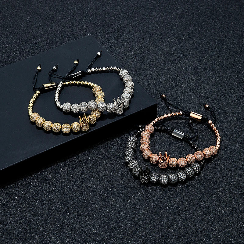 MKENDN Micro Pave CZ Round Beads Luxury Crown Men Bracelet 316L Stainless Steel Bracelet Gold Color Bracelet Adjustable Gifts