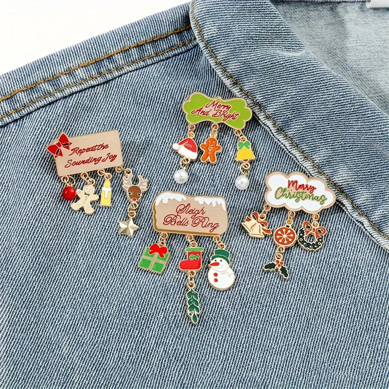 Fashion Christmas Brooch For Women Men Xmas Tree Snowman Wreath Elk Metal Tassel Lapel Pins Badges New Year Party Festival Gift
