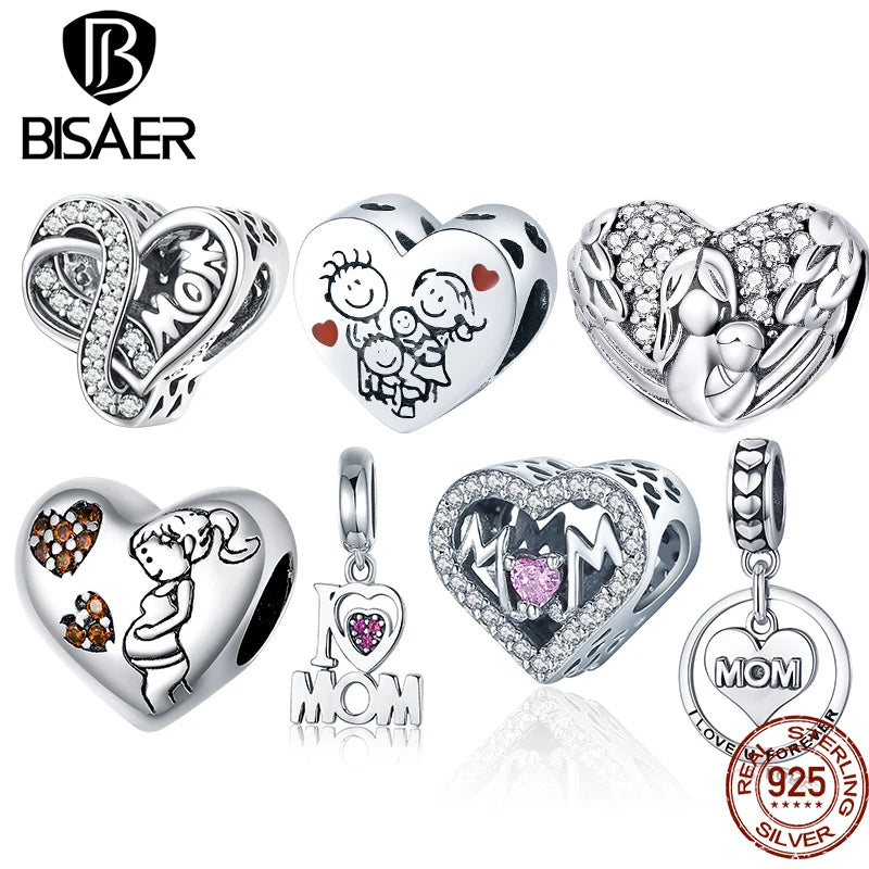 BISAER 925 Sterling Silber Familie Herz Anhänger Mom Charms Bead Fit Frauen Armband &amp; Halskette DIY Edlen Schmuck Muttertag geschenk