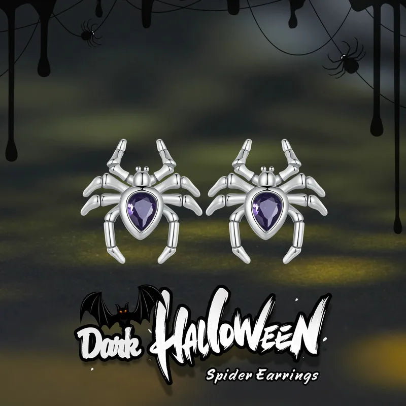 BISAER Skull Spider Stud Earrings 925 Sterling Silver Retro Spider Hypoallergenic Stud Ear for Women Fine Jewelry Halloween Gift