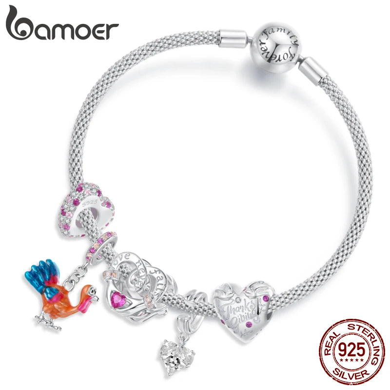 Bamoer 925 Sterling Silber Thanksgiving Truthahn Anhänger mit roten Herzperlen für Damen Armband Accessoires DIY Weihnachtsgeschenk