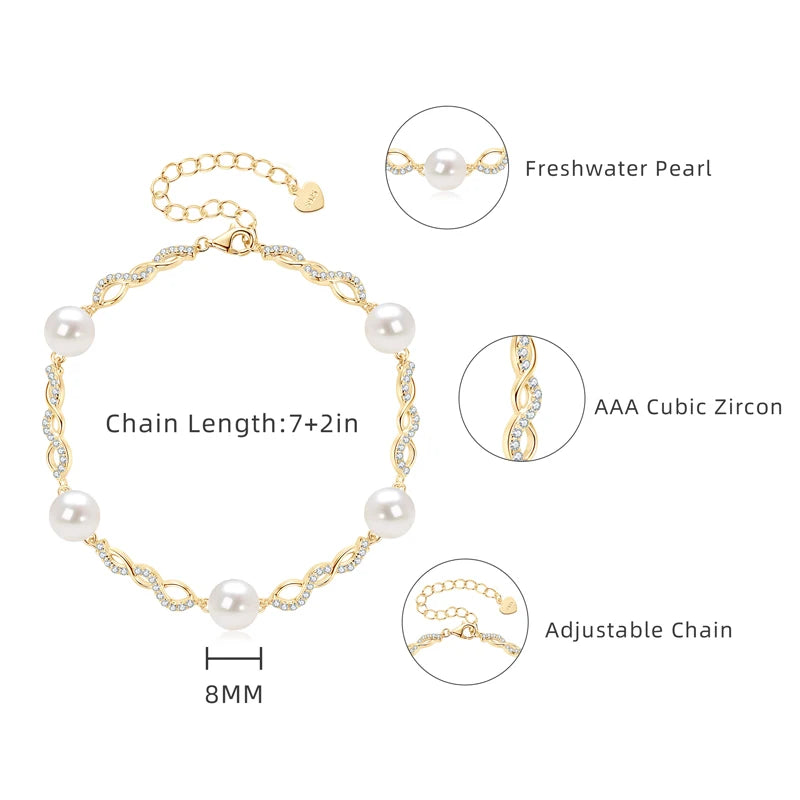OXTAO 8mm Natural White Freshwater Pearl Zircon Bracelet 925 Sterling Silver Adjustable Chain Fashion Jewelry Gift Wholesale