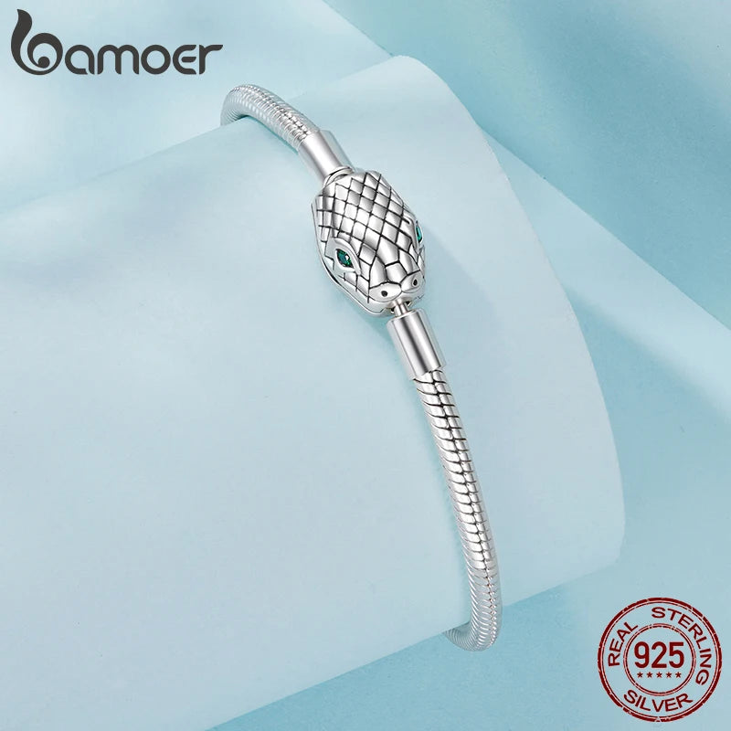 BAMOER 925 Sterling Silver Retro Snake Bone Chain Bracelet with Serpent Head Charm for Women Anniversary Zodiac Birthday Gift