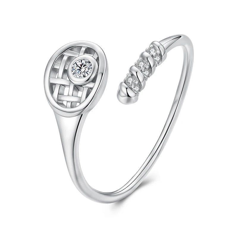 WOSTU 925 Sterling Silver Tennis Racket Open Ring, Shiny CZ Tennis Ball Ring Unique Sporty Jewelry Gift for Women Tennis Players
