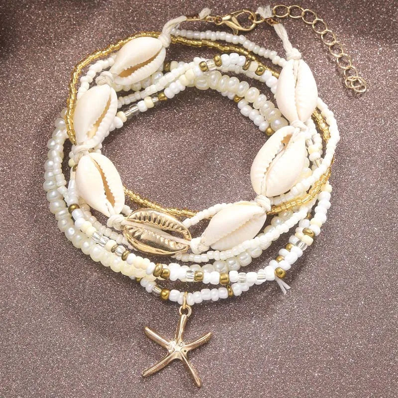 Bohemian Starfish Shell Beaded Anklet Set for Women Summer Fashion Multi-Layer Rice Beads Leg Chains Beach Jewelry Accessories - Madeinsea©