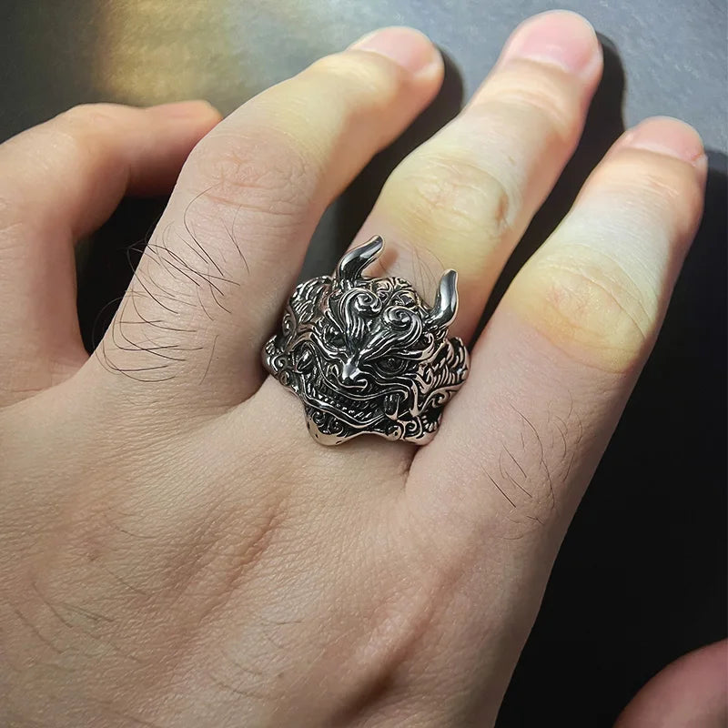 Retro Mahakala Mask Ring For Men Silver Color Punk Gothic Rock Hiphop Adjustable Open Ring Handmade Jewelry Biker Accessories