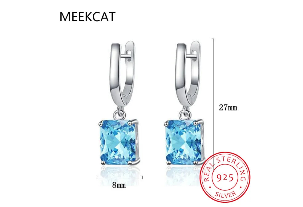 Total 1.73ct Cushion Natural Sky Blue Topaz Dangle Drop Earrings 925 Sterling Silver for Women Gemstone Fine Daily Jewelry