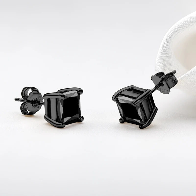 6x6mm Princess Cut Natural Black Onyx Ear Stud Classic 925 Silver Black Earrings for Fashion Men Women Party Fine Jewelry Gift