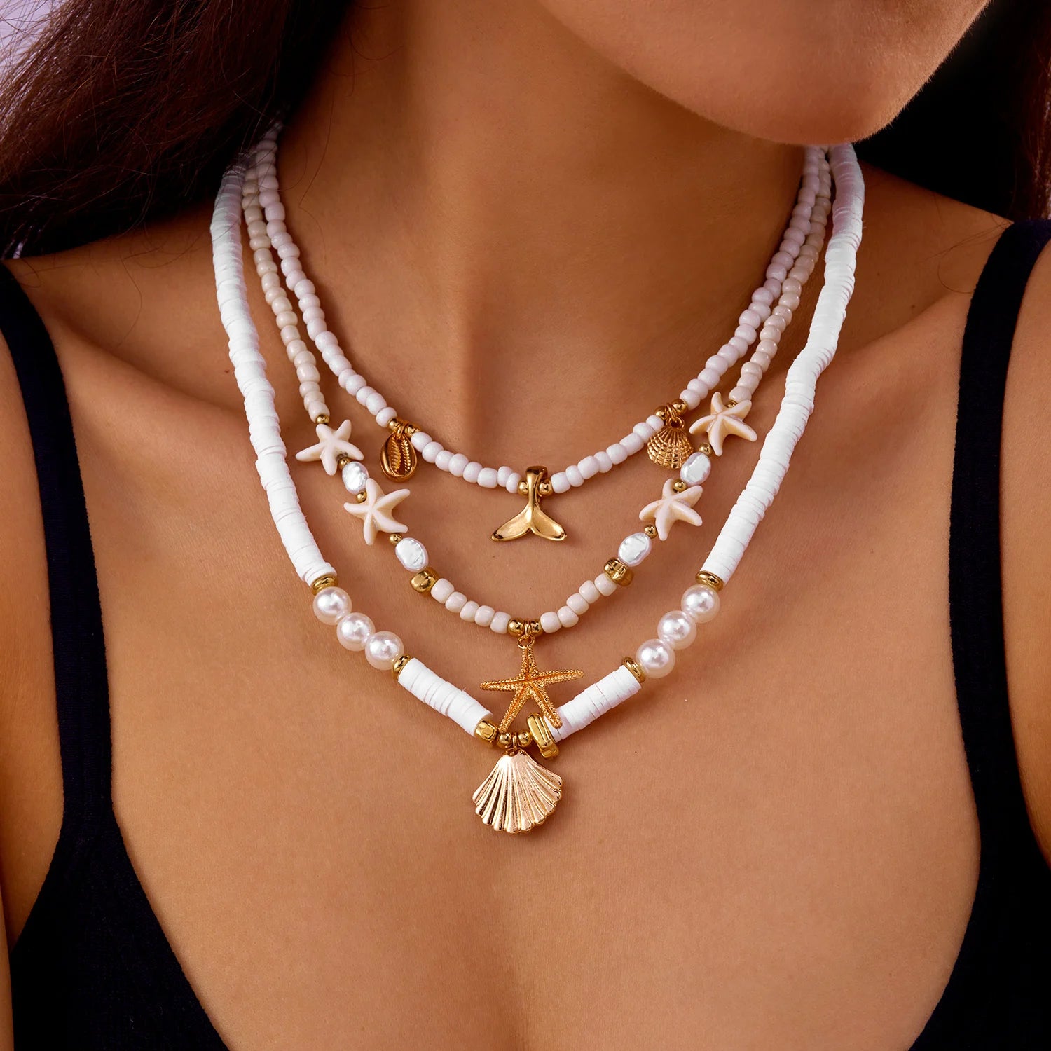 Bohemian Multilayer Starfish Sea Shell Rice Beads Necklace For Women Vintage Fishtail Pearl Conch Clavicle Choker Beach Jewelry