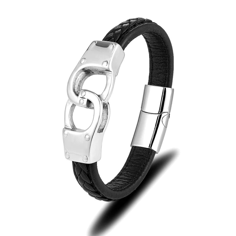Handcuff Bracelet for Men High Quality Stainless Steel Genuine Leather Couple Bracelet Unique Menottes Bijoux Gift for Him