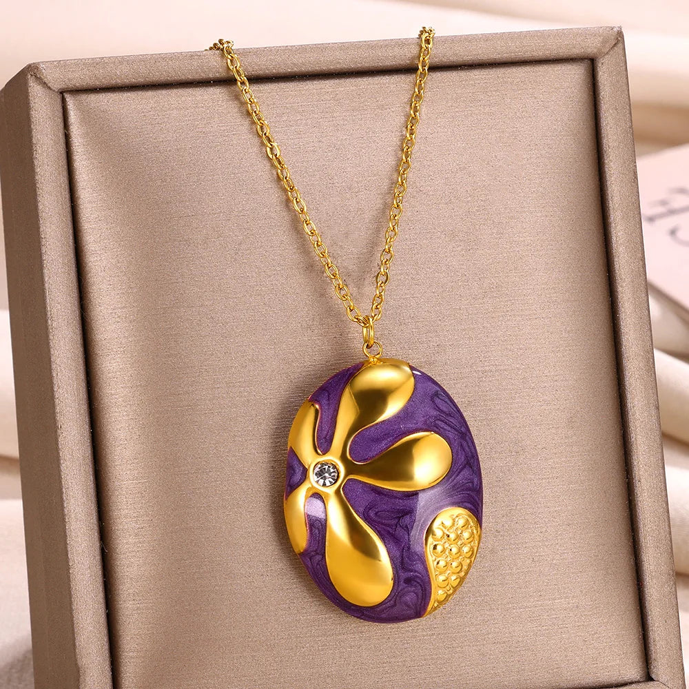 Colliers avec pendentifs ovales en émail et strass pour femme, couleur or, en acier inoxydable, style bohème, bijoux, cadeau, vente en gros