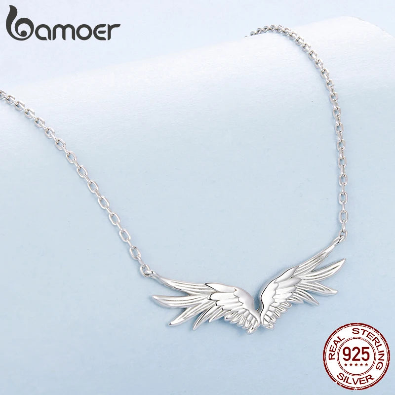 Bamoer 925 Sterling Silver Angel Wings Jewelry Set Vintage Feather Open Ring O-chain Link Necklace for Women Guardian Gift