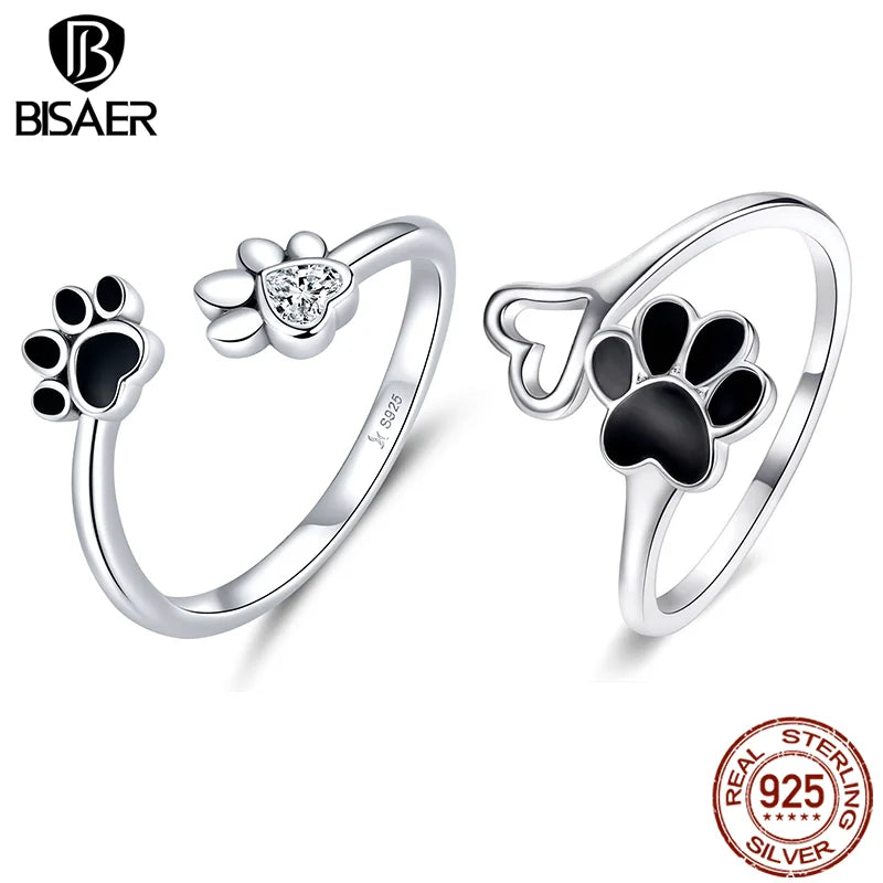 BISAER 925 Sterling Silver Cute Pet Paws Open Ring Black Enamel Hollow Heart Band Adjustable Size for Women Party Fine Jewelry