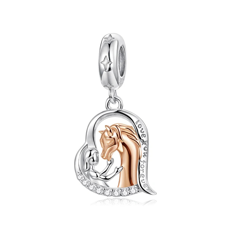WOSTU 925 Sterling Silver Two-Tone Girl & Horse Charm Pendant For Women, Heart Bead Horse Lover Jewelry Family DIY Gift CTC1210