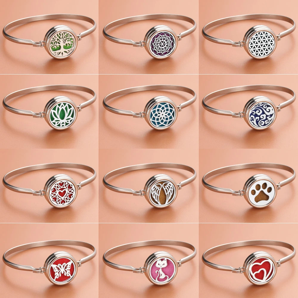Aromatherapie-Armbänder mit Baum-Diffusor, Manschettenarmband, Parfüm-Armband mit ätherischen Ölen, offenes Medaillon-Armband, Aromaschmuck