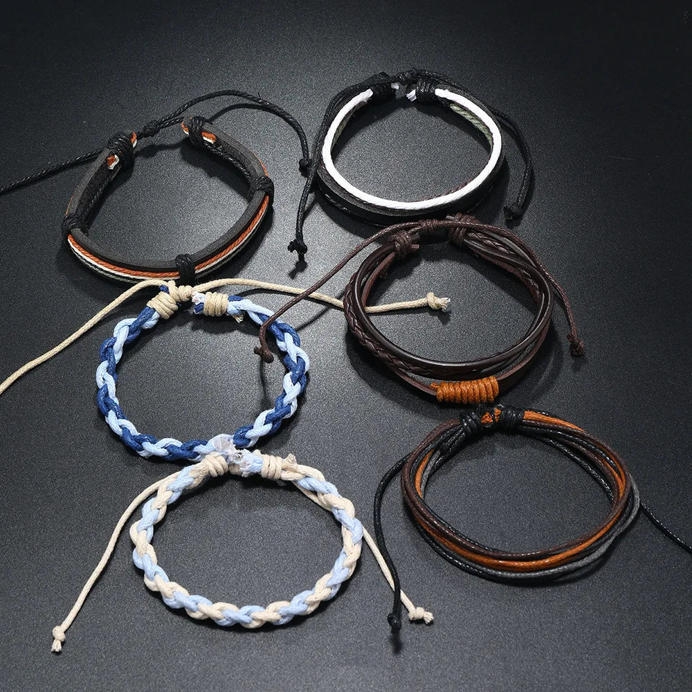 6Pcs/ Set Braided Wrap Leather Bracelets for Men Vintage Life Tree Rudder Charm Wood Beads Ethnic Tribal Wristband Rope Bracelet