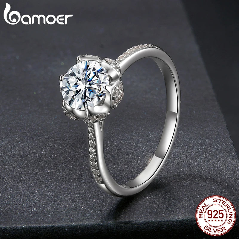 Bamoer 1CT Moissanite Flower Bud Ring Channel Set 925 Sterling Silver for Women Wedding Jewelry Gift D Color VVS1 EX Lab Diamond